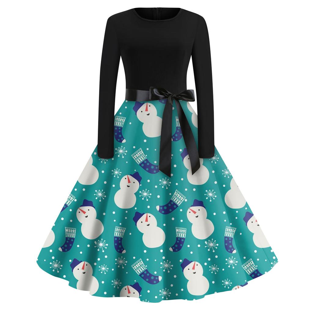 Женская мода с круглым вырезом, повседневные тонкие рождественские платья с длинным рукавом и принтом