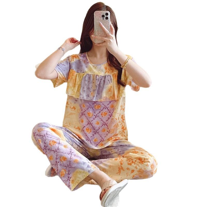 Artificial cotton pajamas women's spring and summer anti-bump cotton and silk loungewear suit summer cute plaid large size pajamas outside wear