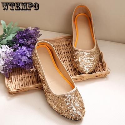 Туфли из ткани для женщин Модные блестки Плоская подошва Женские одинарные туфли для мам Плоские каблуки Легкие женские туфли