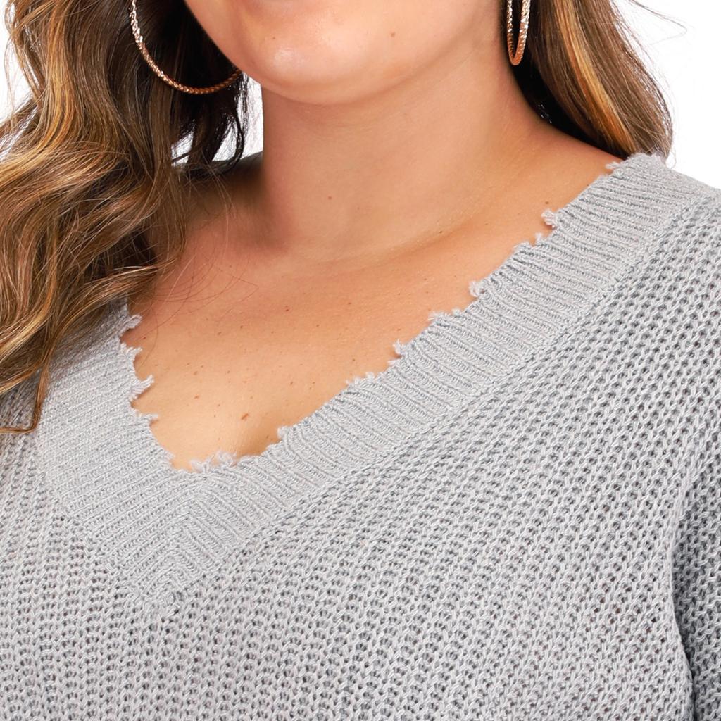 Women's Autumn and Winter Large Size Long Sleeve V-Neck Splicing Thickened Sweater