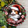 Christmas Wooden Sign with Cat & Santa Paws - Navidad Round Sign for Front Door, Wall Hanging Decor - Ideal Christmas Gift