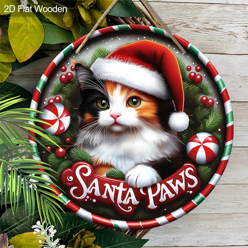 Christmas Wooden Sign with Cat & Santa Paws - Navidad Round Sign for Front Door, Wall Hanging Decor - Ideal Christmas Gift
