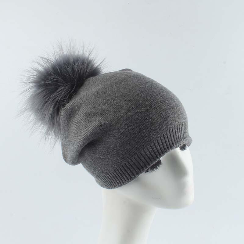 Adult New Raccoon Fur Ball Color Knitted Acrylic Common Fabric Warm Casual Pullover Beanie Hat Liner Unisex Cross-border