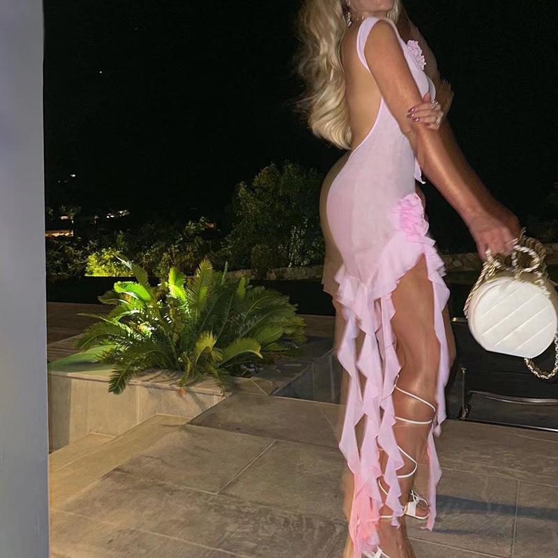 Sexy Mesh Ruffles Fairy Dress Aesthetic Deep Summer Irregular Midi Dresses Beach Party Outfits Women Vestido