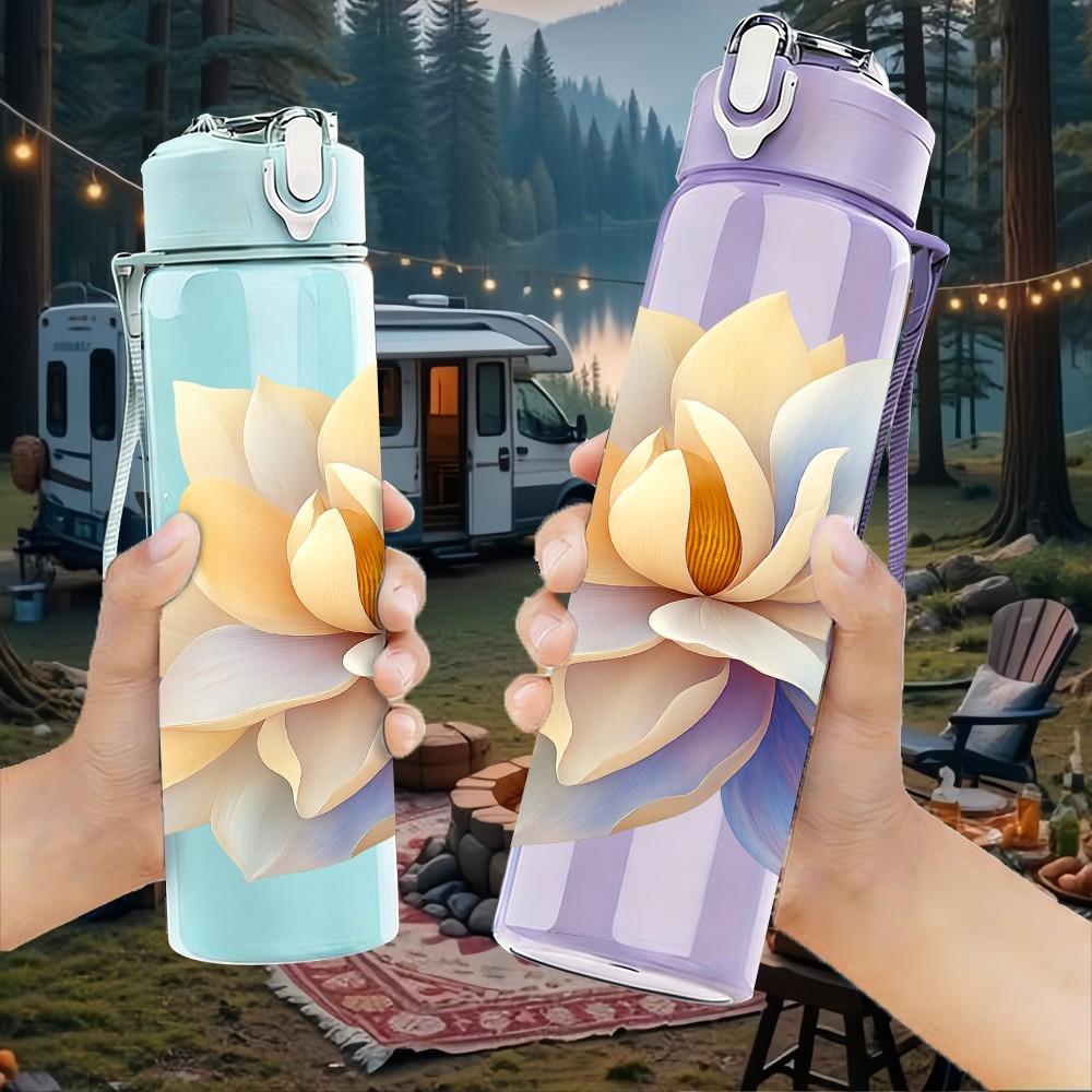 1PC Light Purple Lotus Flower Bloom 750ml Color Plastic Sports Water Bottle Leakproof Flip Straw Lid For Sports Office Home Use