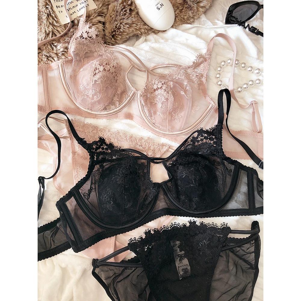 Сексуальное полое женское нижнее белье с кружевной цветочной вышивкой, французский ультратонкий бюстгальтер с пуш-апом, регулируемый ремешок, комплекты бюстгальтеров и трусиков