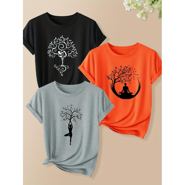 Three-piece women's yoga and meditation outfit with plant print short sleeves 2025Autumn fashion trend retro round neck cute T T-shirt Suit Casual