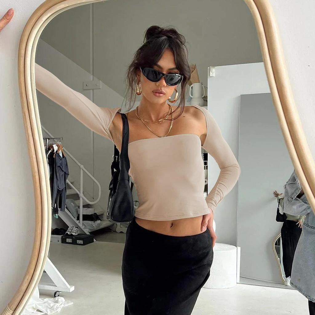 Женские летние топы без рукавов, уличная одежда, тонкие облегающие футболки с длинными рукавами из двух предметов, укороченные топы, однотонные