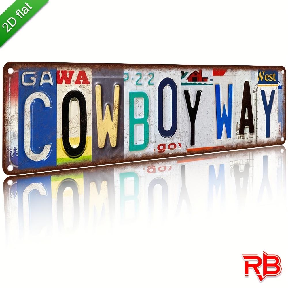 2D Flat, 1pc Vintage Aluminum Metal Sign Wall Art - 16x4 Inch Rustic COWBOY WAY License Plate Design, UV Printed Durable