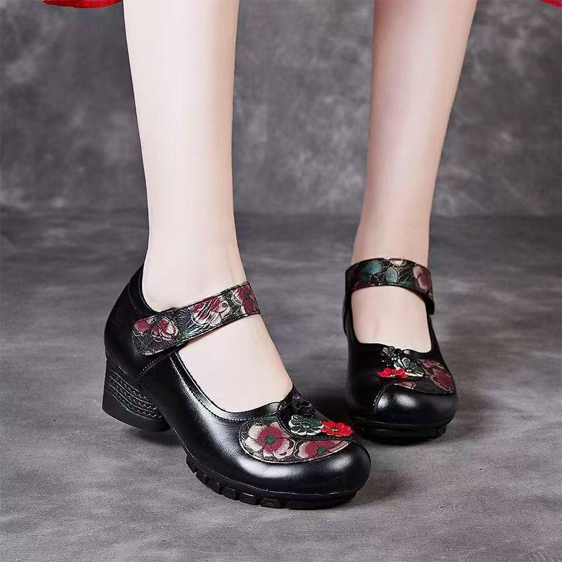 Национальные ретро новые женские туфли для среднего и пожилого возраста с мелким вырезом на липучке кожаные туфли на мягкой подошве удобные туфли для мамы для квадратных танцев