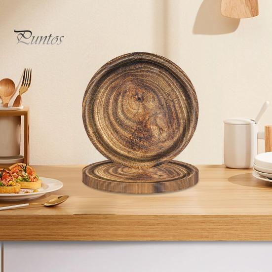 10Pcs Round Wood Grain Paper Tray Food Grade Paper Dinner Plates Decorative Picnic Party Tableware Decoration