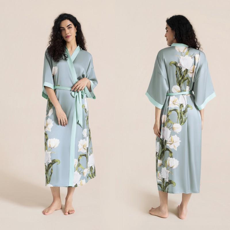Satin Printed Robe Women Plus Size Lightweight Long Sleepwear Home