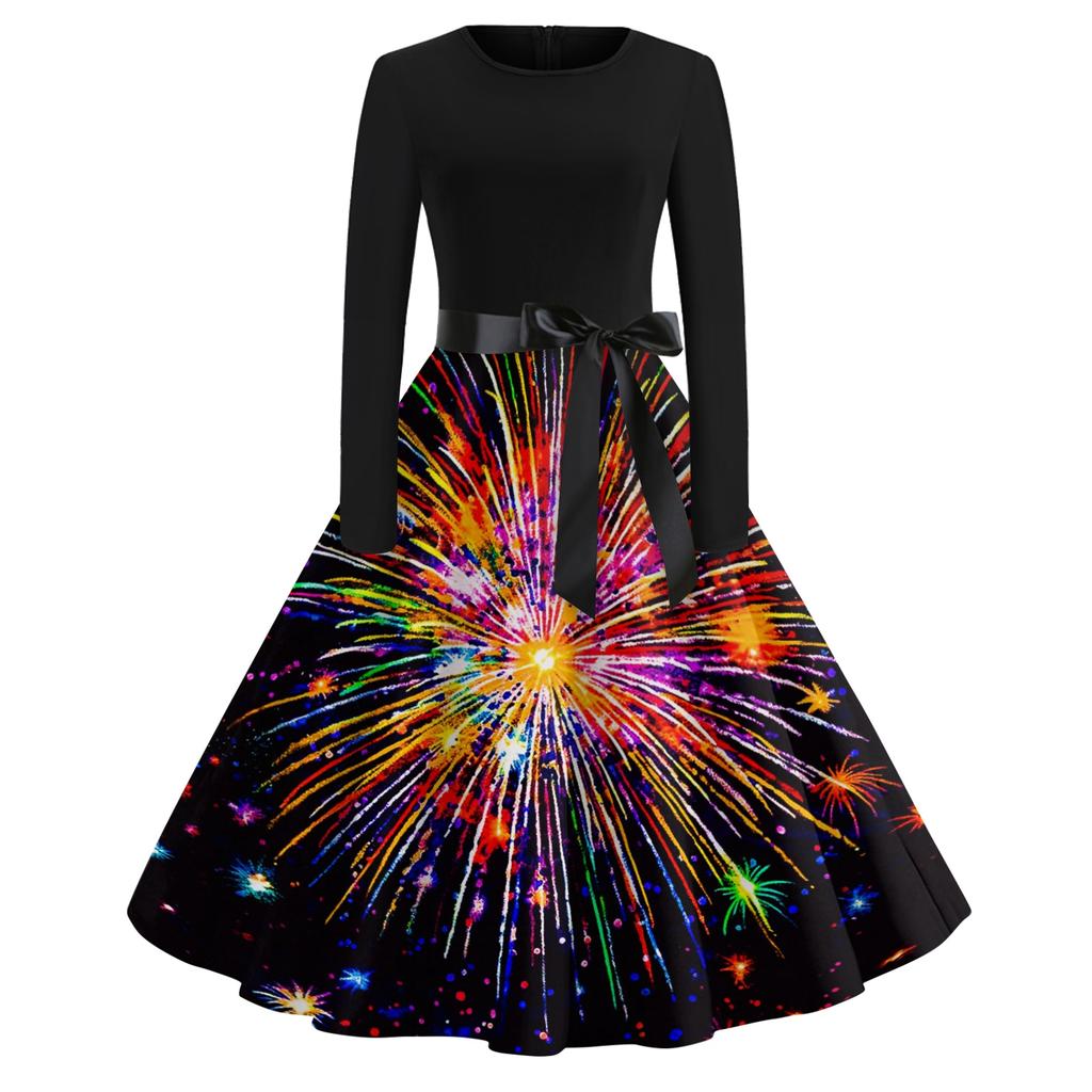 Женское повседневное модное платье с круглым вырезом и длинным рукавом с новогодним принтом в ретро-стиле