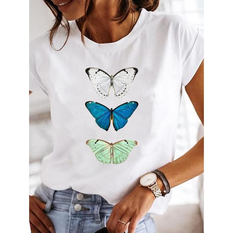 Women's Short-sleeved Explosive Insect Butterfly Dragonfly Print Round Neck T-shirt Women Clothes Oversized T Shirt Harajuku