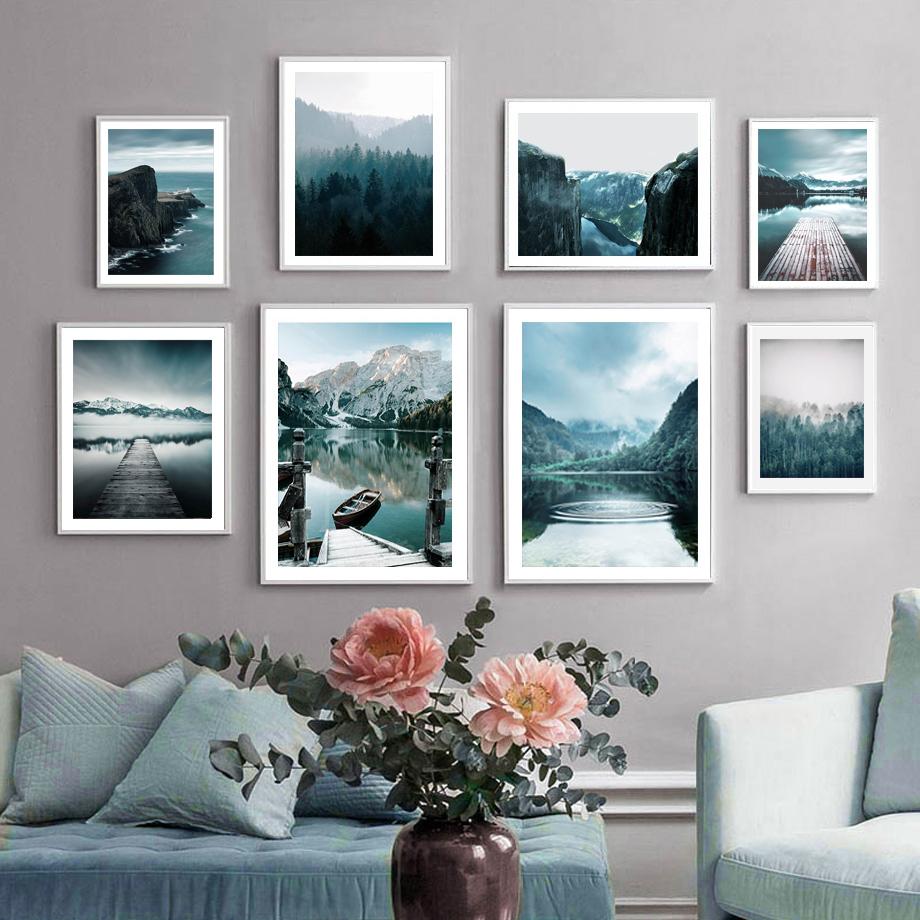 Природа Пейзаж Живопись Озеро Снежная Гора Холст Плакат Скандинавский Стиль Художественный Принт Лесная Пристань Цитаты Украшение Стены Изображение