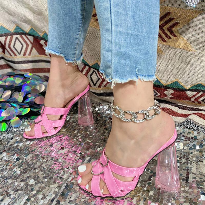 Liyke  New Pink Transparent Strange Thick Heels Slippers Women Heart Shaped Buckle Designer Shoes Ladies Sandals Mules Slide