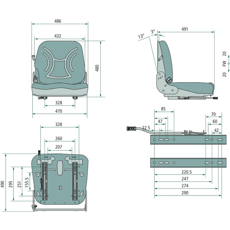 Tractor seat, mechanical suspension, PVC, width 480 , 00038A