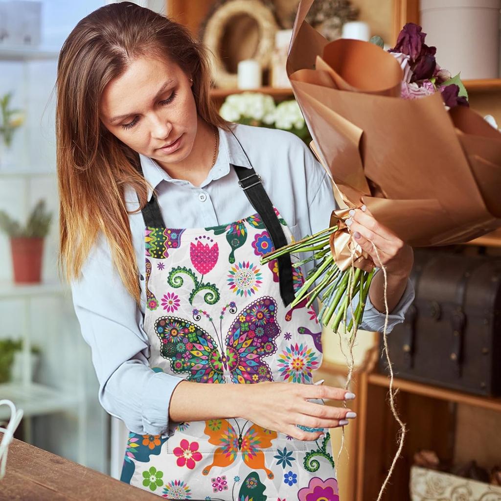 Britimes Фартук с бабочками Цветочный разноцветные бабочки Цветы Фартуки Кухня Готовка Садоводство для женщин С карманами
