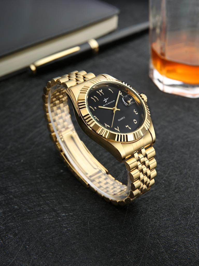 RICECGO Luxury Gold Stainless Steel Men Quartz Watch Arabic Numerals Dial Single Date Hip Hop Wristwatch Custom Logo MOQ50