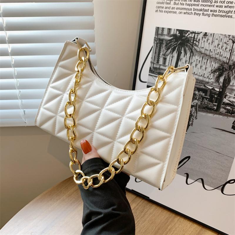Women Fashion Quilted Underarm Bag Simple Chain Handbag Solid Color Zipper Shoulder Bag