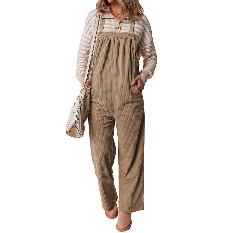 Autumn Solid Color Multi-pocket Overalls Women's European and American Simple and Versatile Corduroy Jumpsuit Women