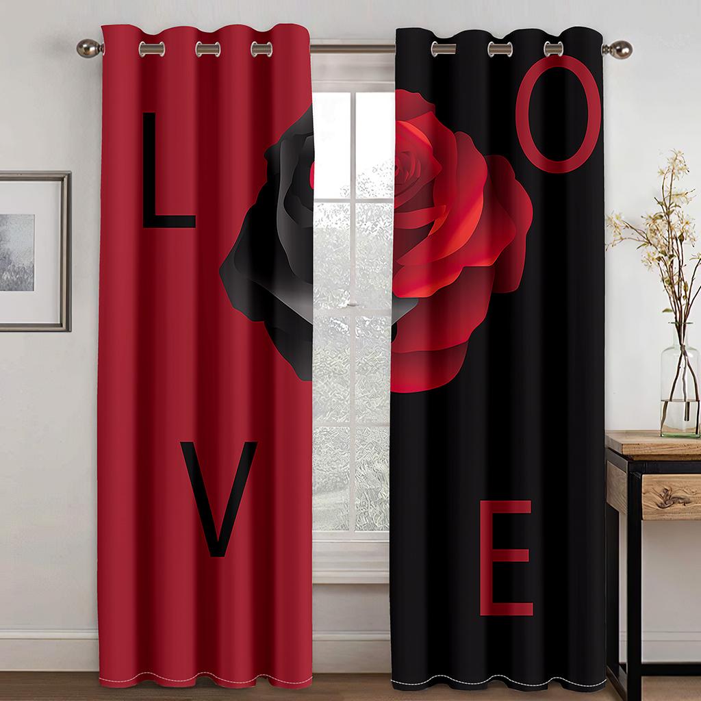 Red Rose Printed Window Curtain, Digital Printing, Bedroom, Living Room, 2 Pieces of Narrow Width, Aesthetically Cortinas