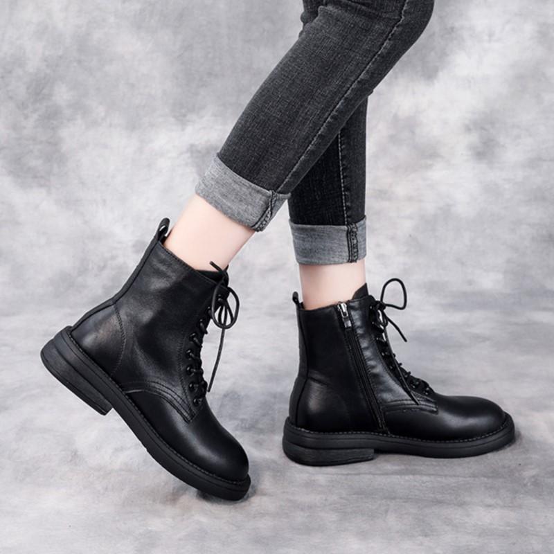 Johnature Черные короткие ботинки в британском стиле с боковой молнией, универсальные женские ботинки из натуральной кожи с мягкой подошвой