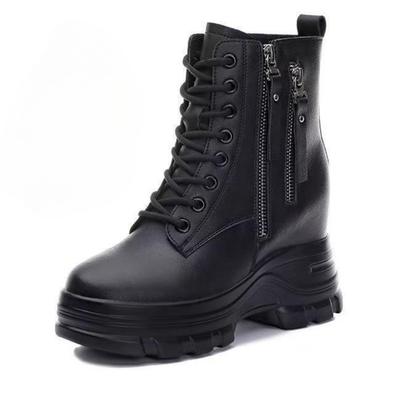 Мода 2025 Новые 9 см Осенне-зимние теплые ботильоны для женщин Натуральная коровья кожа Однотонные Клинья на платформе с увеличением высоты Короткие ботинки