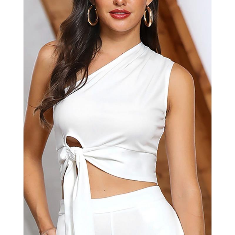 Женский однотонный сексуальный брючный костюм на одно плечо со шнуровкой и девятью точками