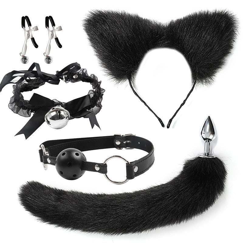 Adult Erotic Set for Women-Cat Tail Anal Plug Mouth Gag Nipple Clamps Collar Posterior Training Supplies Leather SM Toy