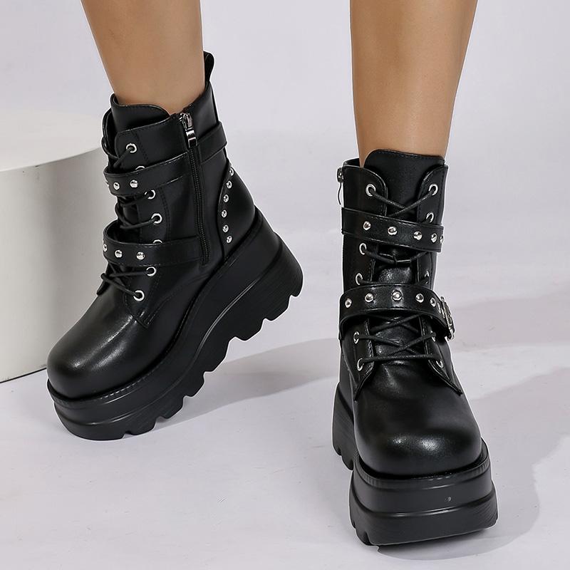 Fashion Women's Gothic Chunky Platform Ankle Boots Thick Bottom Wedges PU Leather Combat Shoes Woman Rivet Buckle Decor Black Punk Boots