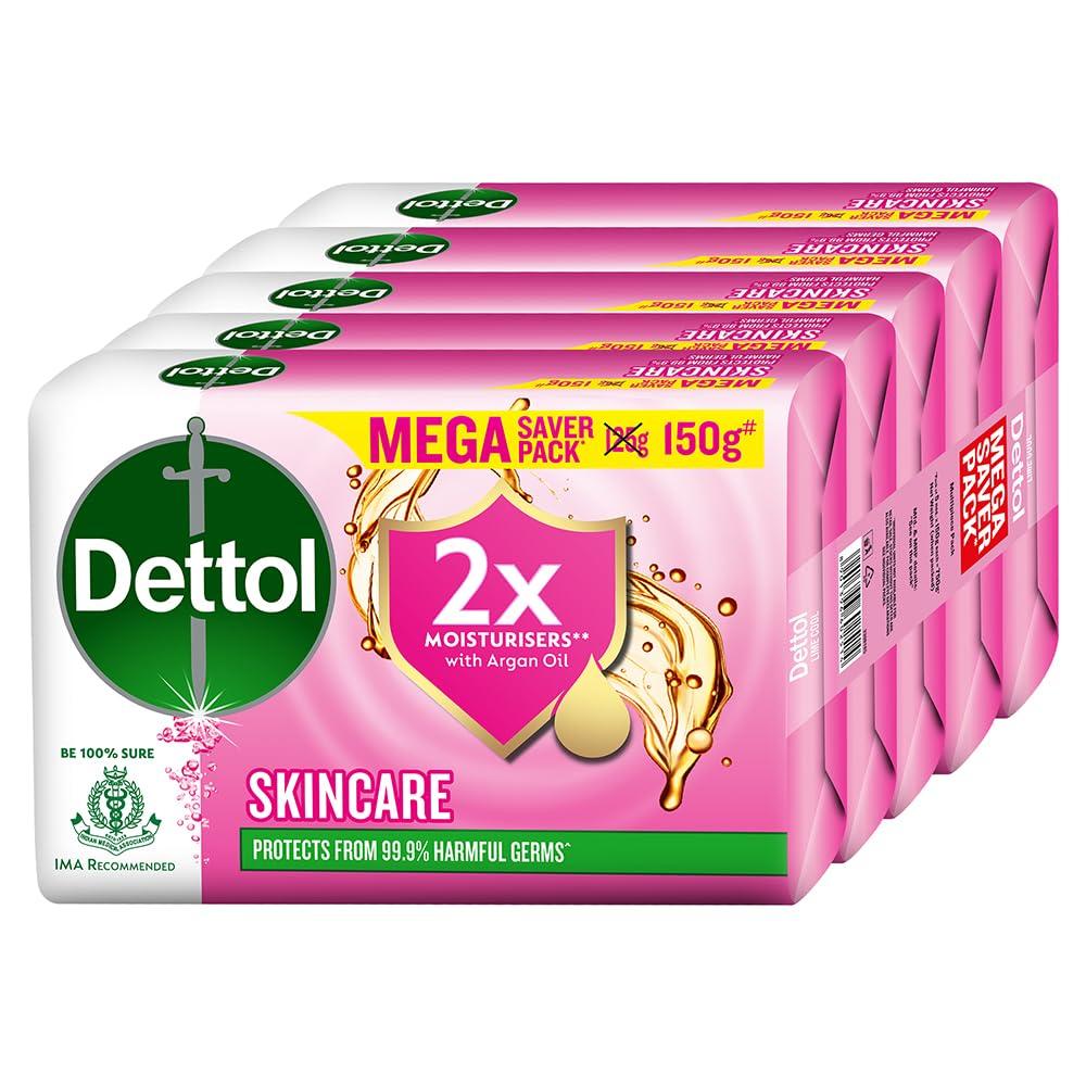 Dettol Увлажняющее мыло для ванны с аргановым маслом для ухода за кожей (750 г) | Более мягкая кожа, 150 г, Упаковка из 5 шт.