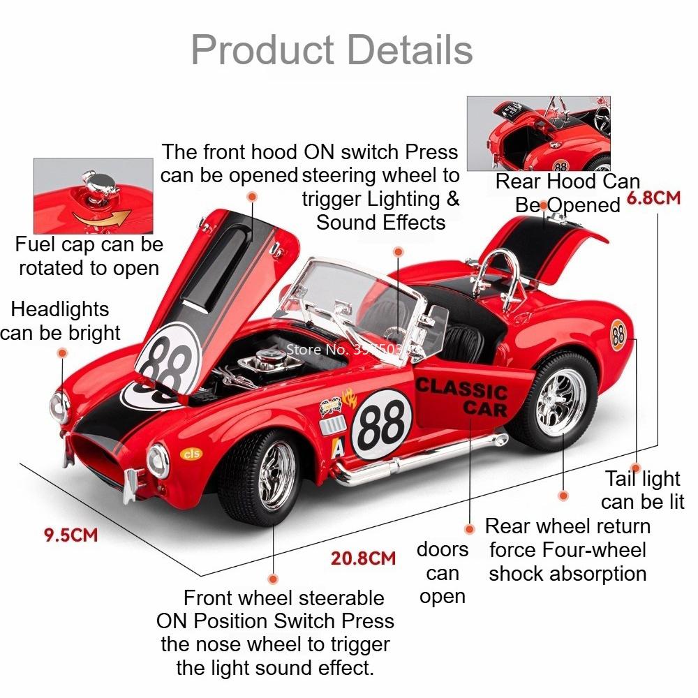 Scale 1:24 Shelby Cobra GT Super Car Model Toy Metal Body Rubber Tires 4 Doors Opened Toys Exquisite Models for Friends Gift