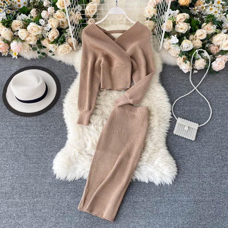 Весенний новый модный костюм в иностранном стиле с v-образным вырезом и рукавами «летучая мышь», вязаный свитер, женская юбка с высокой талией и запахом, комплект из двух предметов