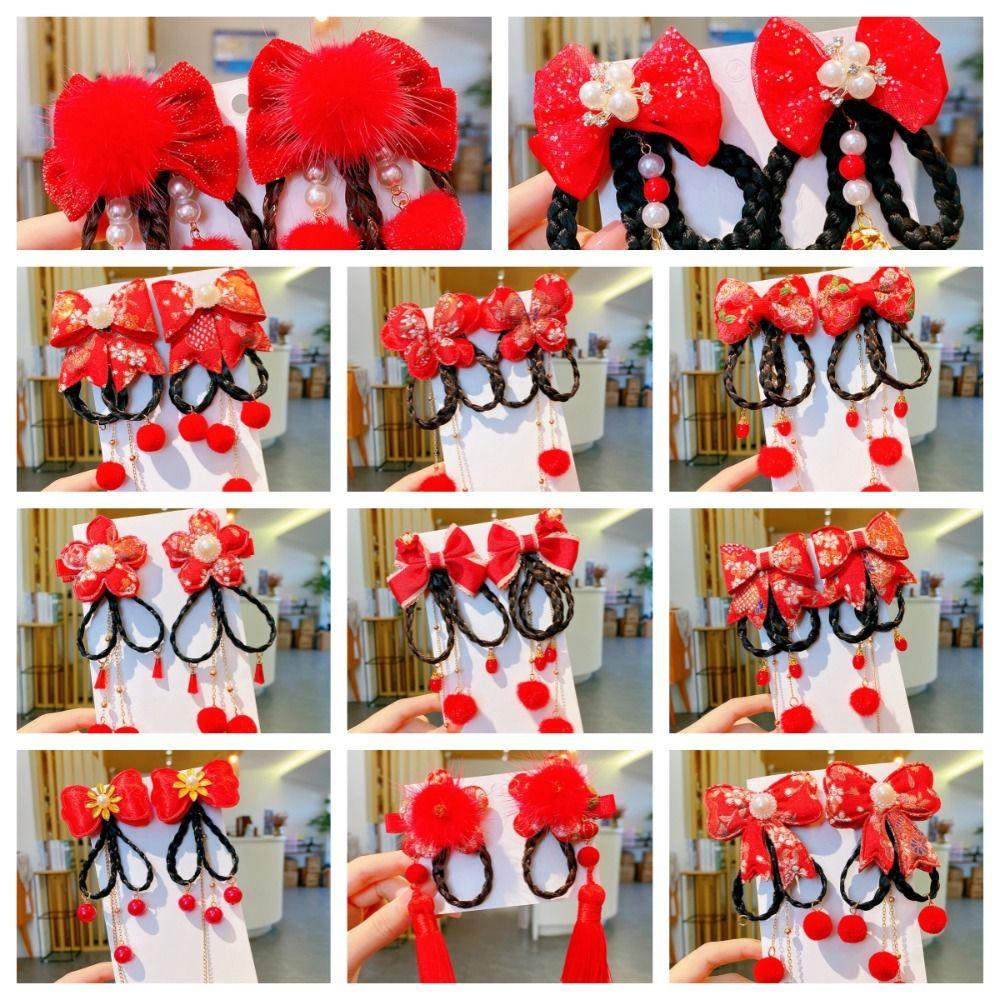 2 шт. кисточка новогодний головной убор китайский стиль красный парик коса шпилька детская заколка для волос
