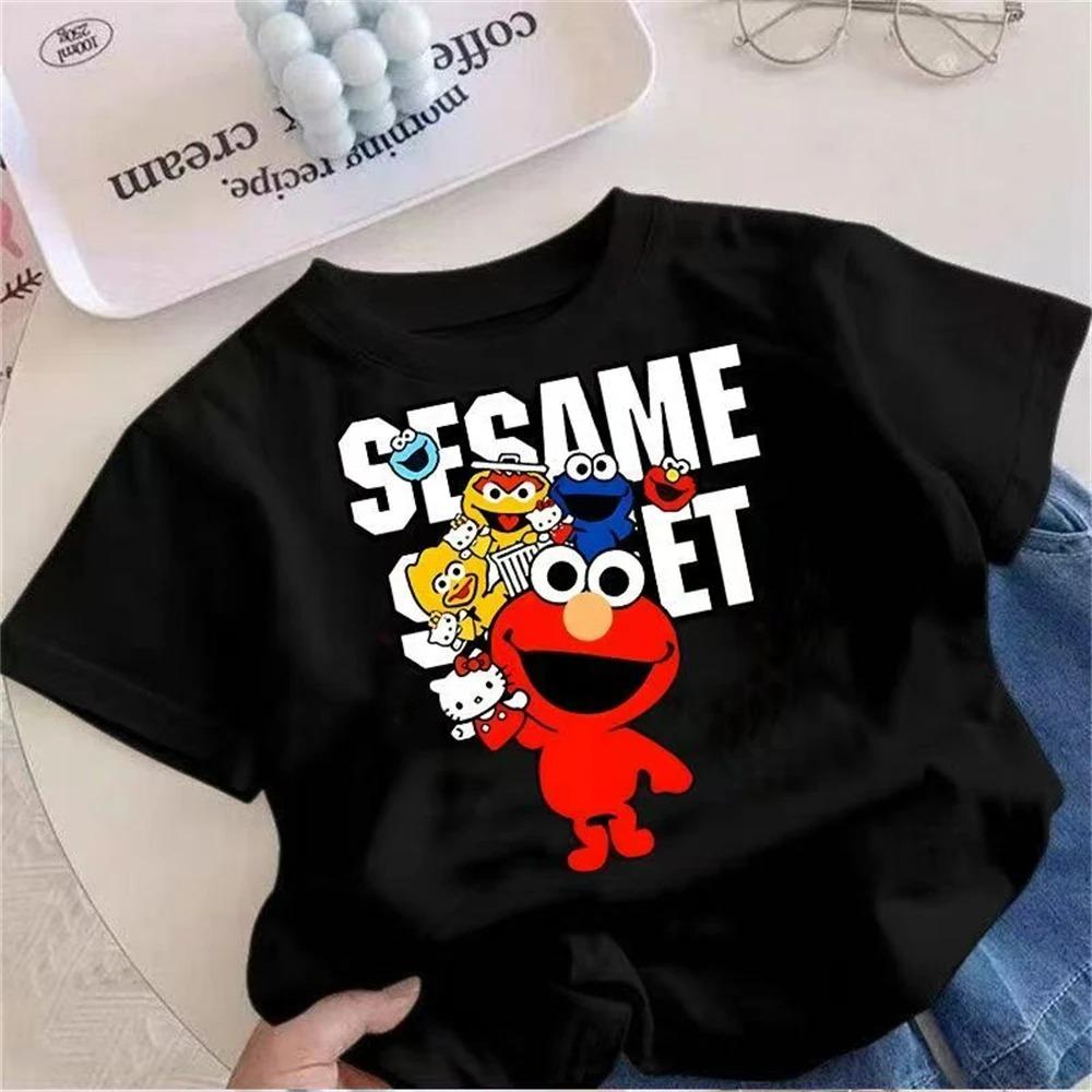 2026 Summer Elmo TShirt For Kids Boys black pink Cartoon round neck T-shirt Short Sleeve Tops Tee Shirt Clothes Girls Toddle