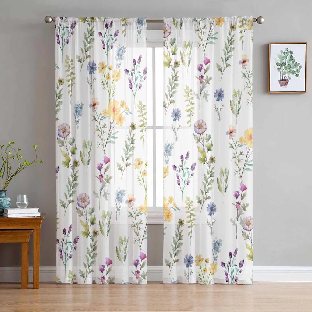 Retro Floral Wildflowers Transparent Curtains for Bed Chamber Living Room Decoration Window Panel Curtain Perfect for Cooking Area Netting Voile