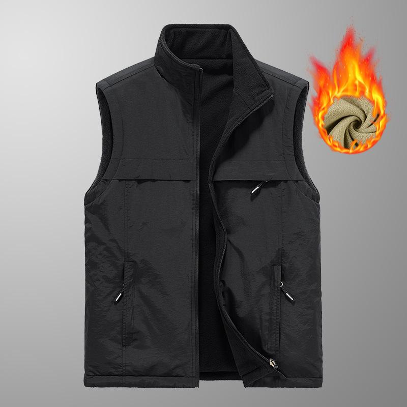 Autumn and Winter Middle-aged Men's Vest Velvet Dad Sleeveless Stand-up Collar Multi-pocket Quick-drying Vest Wearing Vest On Both Sides