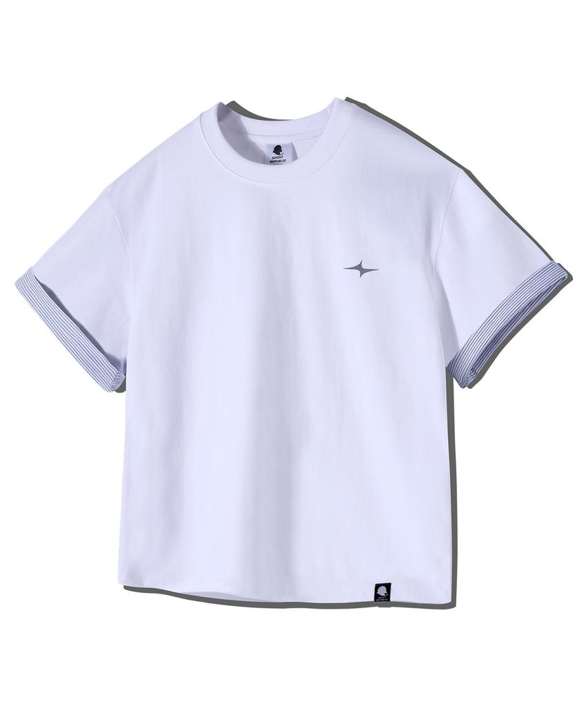GHOST REPUBLIC Crop Stripe Color Block Roll-Up Short Sleeve T-Shirt Gt-392_White