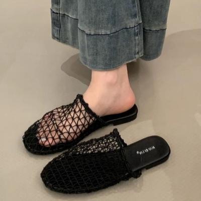 Ретро новые сетчатые полые дышащие прохладные тапочки рыболовная сеть плетеная сумка голова полушлепки плоские мюли римские сандалии