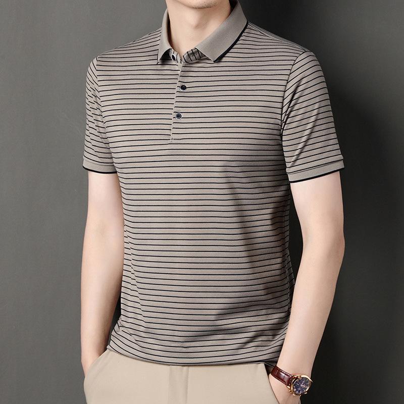 Мужская полосатая рубашка поло с коротким рукавом, деловая повседневная футболка среднего размера с синими лацканами и коротким рукавом