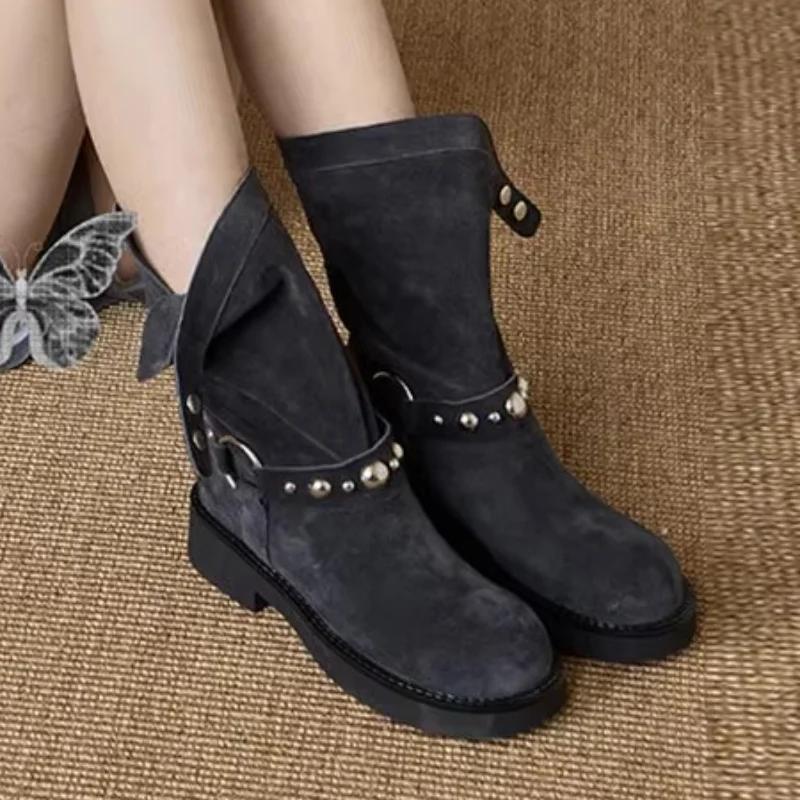 Fashion Shoes for Women 2024 Fashion Sleeve Women's Boots Winter Round Toe Suede Solid Middle Tube Chunky Heels Boots Botas De Mujer