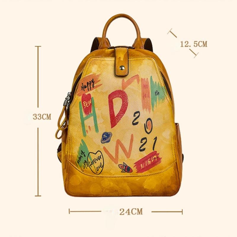 Johnature Retro Genuine Leather Women Bag Hand Painted Backpack First Layer Cowhide Casual Travel Bags