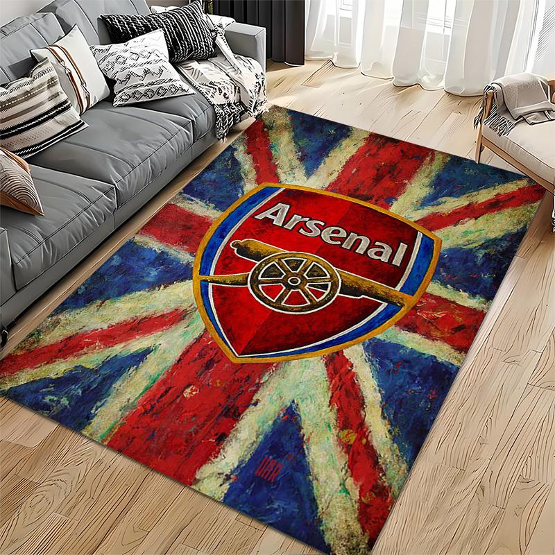Football Club Area Rug, Arsenal Crest Union Jack Flag Grunge Oil Paint Print, Soccer Fan Room Decor, Non-Slip Mat