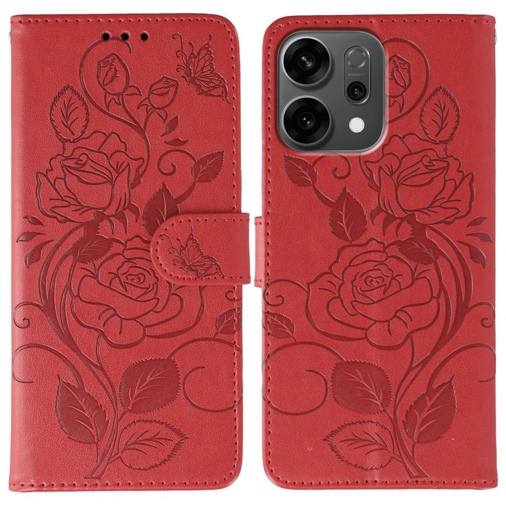 For Oppo Reno14 5G (Global) Case Wallet Stand Imprinted Rose Butterfly PU Leather Phone Cover