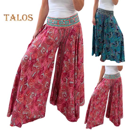 Women Summer Casual Pants Wide Leg Elastic High Waist Long Pants Retro Printing Culottes Loose Fit Flowy Trousers Streetwear
