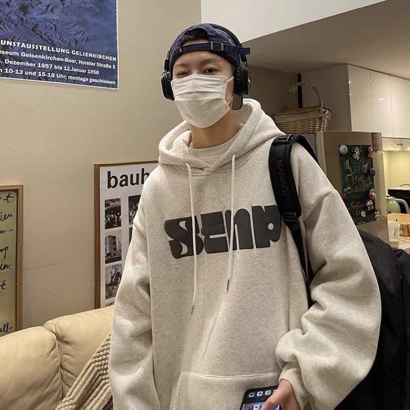 Hooded Sweatshirt Men's Monogram Print Casual Hoodie Teen Trend Sporty Loose