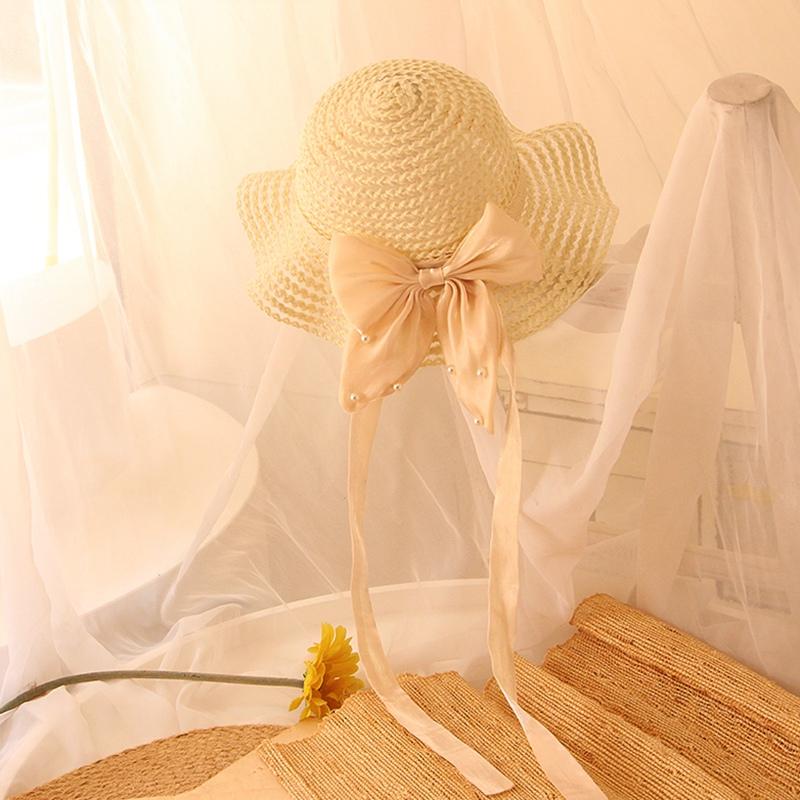 Детские соломенные шляпы для девочек, солнцезащитные шляпы, атласные украшения с бантом и лентой