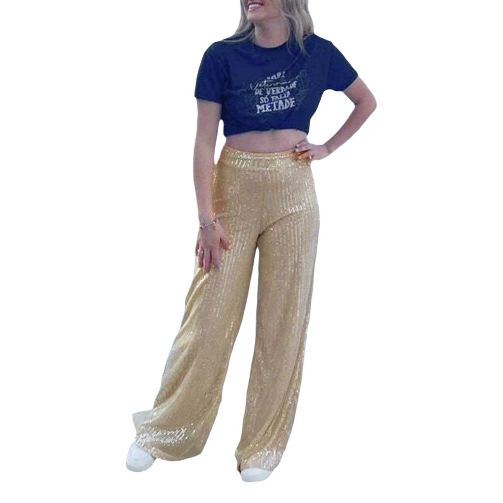 Women Wide Leg Pants, Elegant Shiny Sequined High Waist Loose Trousers for Club Party