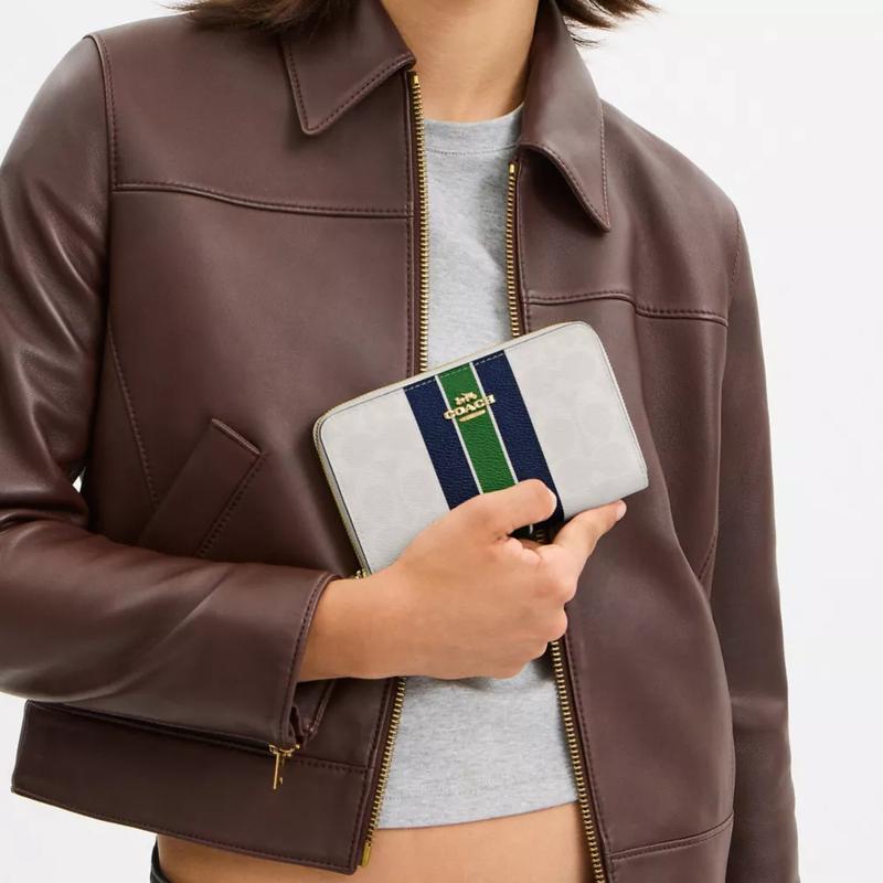 Coach Кошелек Id Zip 16 Спортивные полосы Золотая фурнитура Кошелек из покрытого холста Средний Женский Colorblock Сочетание цветов